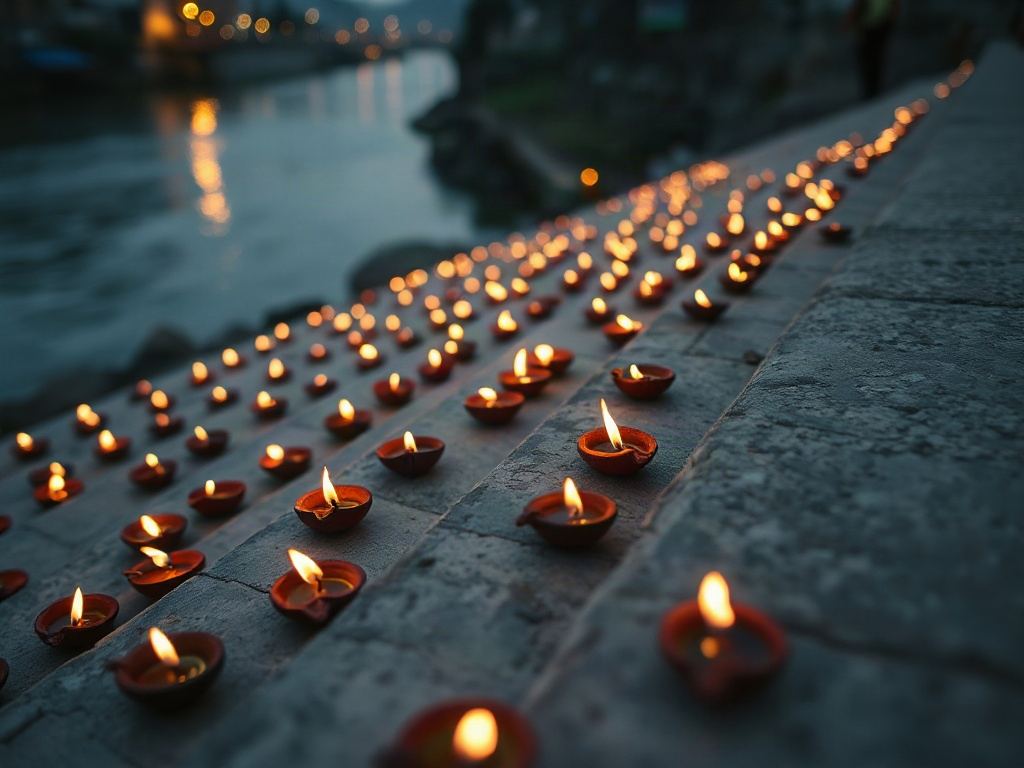 Close-up of rows of small lit clay diyas on stone steps with their flames reflected in water
