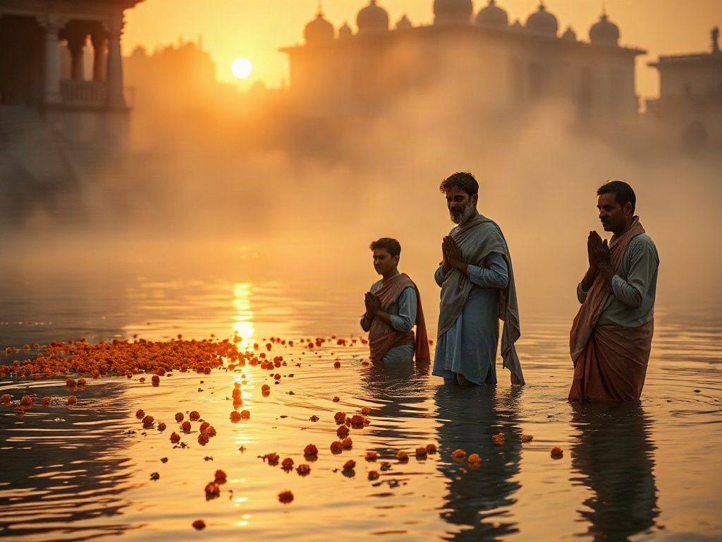 Pilgrims standing in the Saryu river at sunrise in Ayodhya with folded hands, offering water to the rising sun