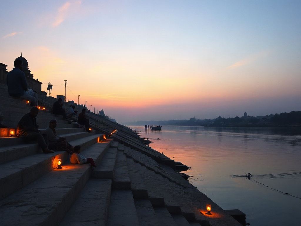 Wide stone ghats along the Saryu river in Ayodhya at dusk with a few people sitting on the steps