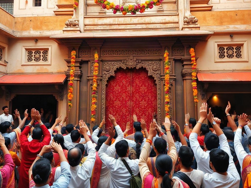 Devotees raising their hands before a sanctum doorway covered by a red and gold curtain in a temple in Vrindavan, under hanging flower garlands