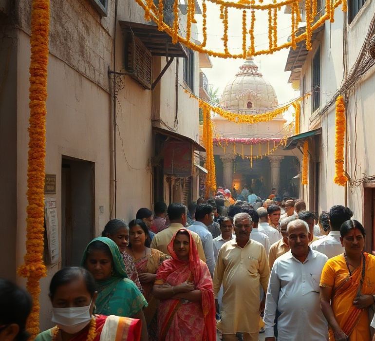 A crowded narrow lane in Vrindavan with devotees walking towards a temple under strings of marigold garlands