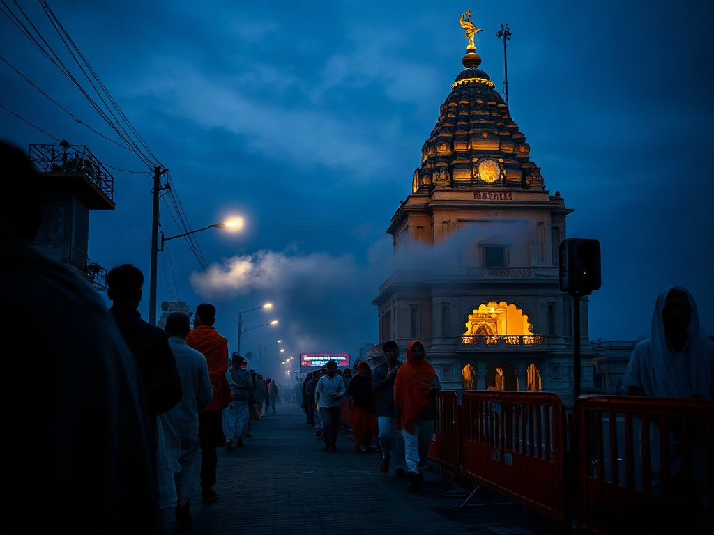 Pilgrims waiting quietly in the pre-dawn blue light outside the Mahakaleshwar temple in Ujjain before Bhasma Aarti