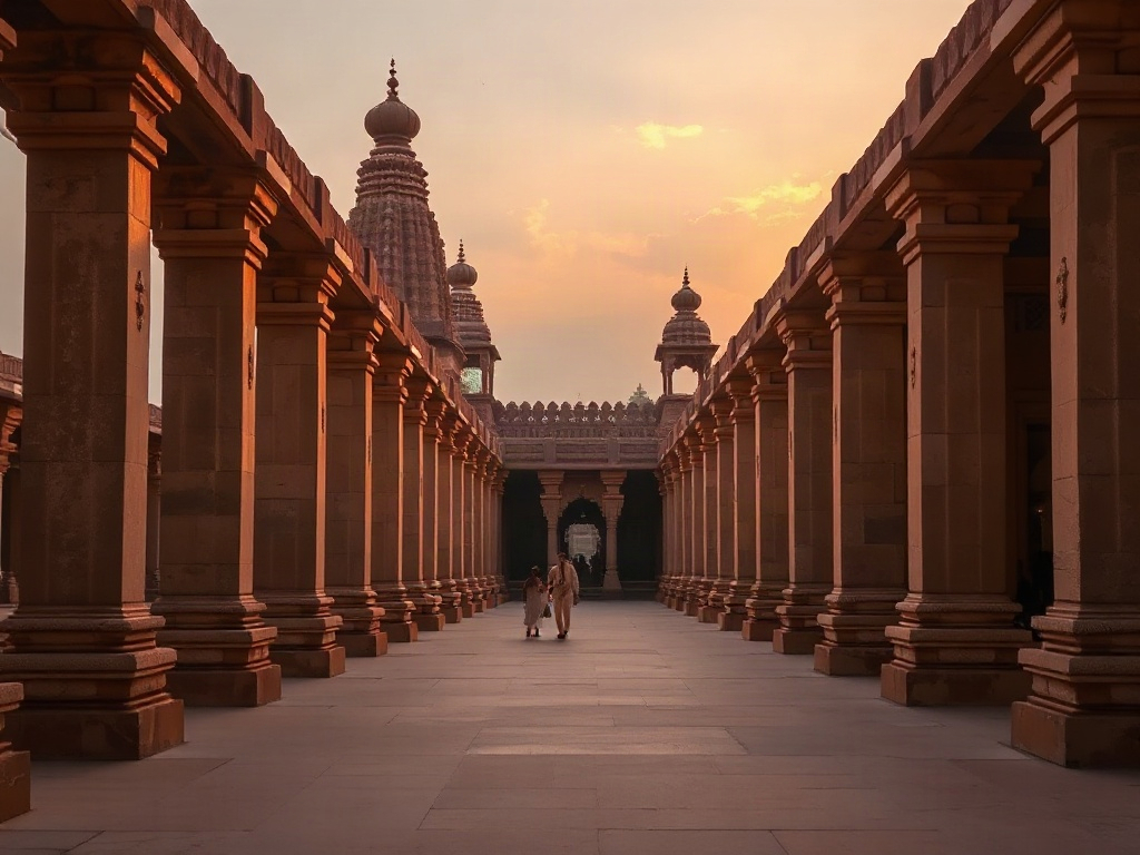 The Mahakal Mahalok corridor in Ujjain at dusk with carved stone pillars lit by warm lamps