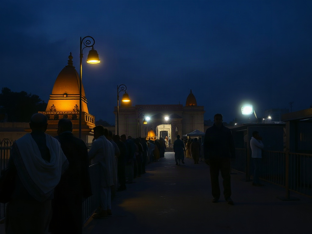 Pilgrims queueing before dawn outside the Mahakaleshwar temple in Ujjain with temple lamps glowing against a dark blue sky
