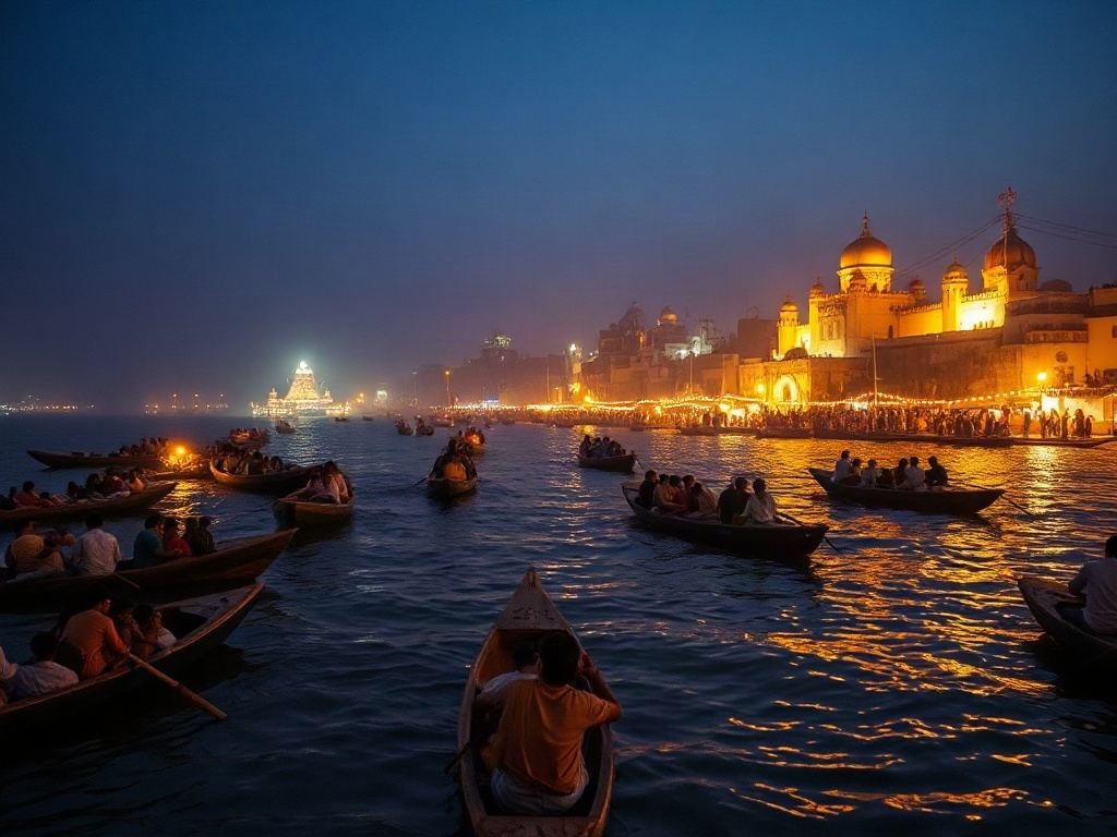 Small wooden boats full of people gathered on the Ganga at dusk, facing the lit ghats of Varanasi