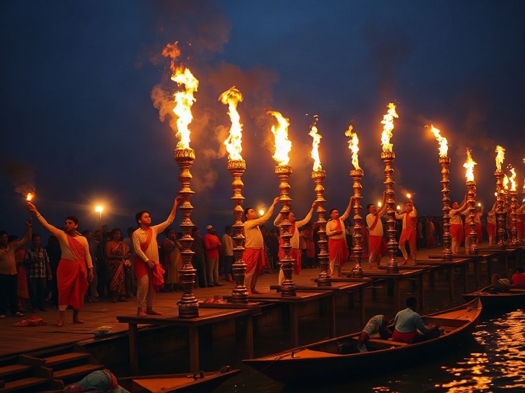 Priests performing the evening Ganga Aarti with tall flaming brass lamps on the ghats of Varanasi, with boats on the river