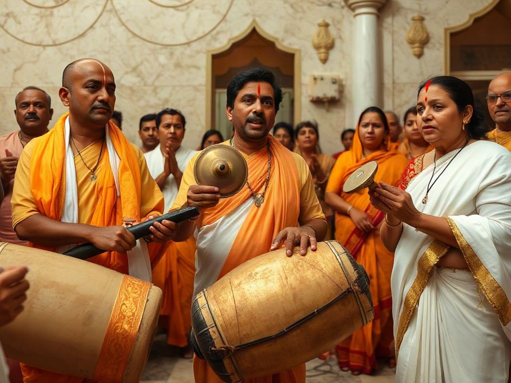 Devotees in white and saffron singing kirtan with mridanga drums and hand cymbals in a temple hall