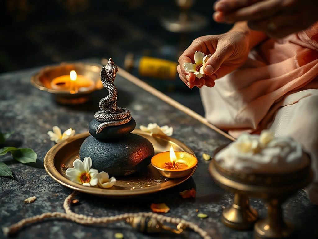 A pandit's hands holding white flowers beside a silver serpent coiled on a black stone Shivling, with lit diyas, during a puja