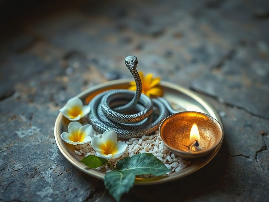 A small silver serpent idol on a brass plate with flowers and rice beside a lit diya, prepared for a puja