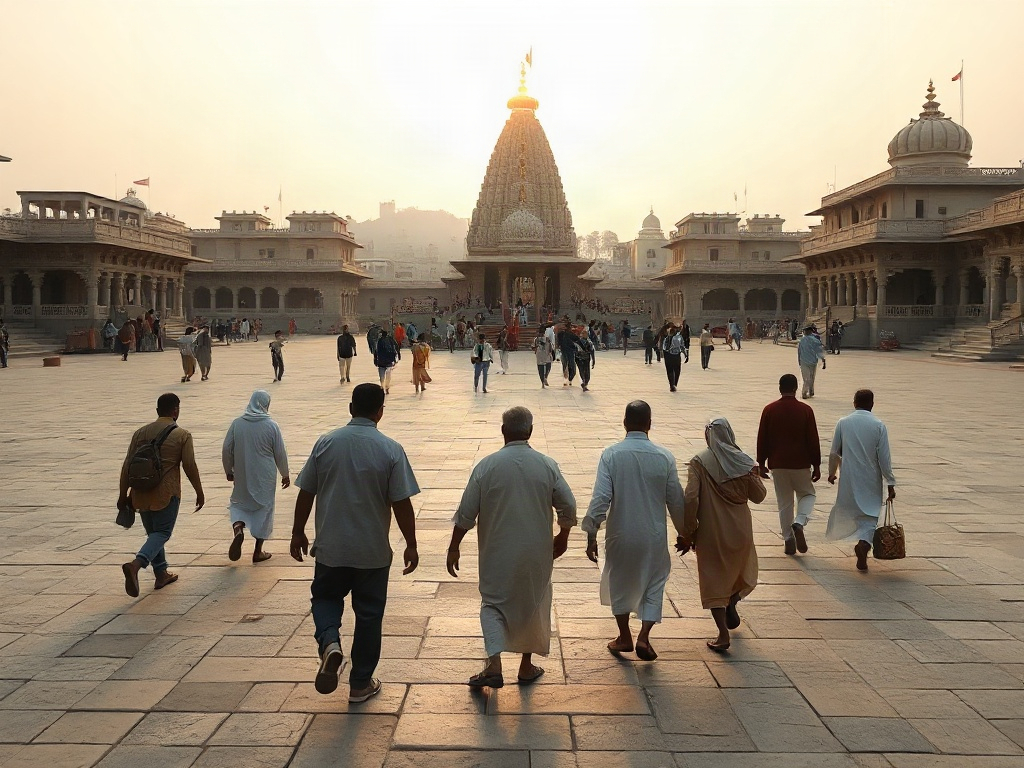 Pilgrims walking through the wide stone plaza of the Kashi Vishwanath Dham corridor towards the temple's golden spire in the morning