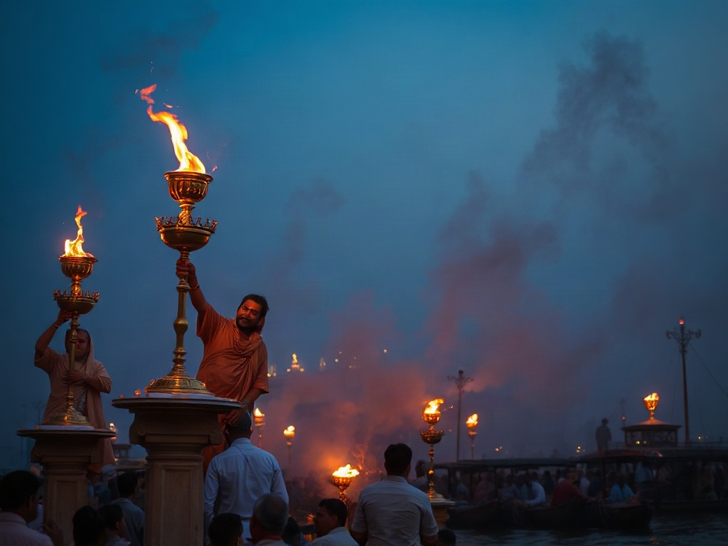 Priests performing the evening Ganga Aarti with tall brass lamps at a Varanasi ghat while crowds watch from boats