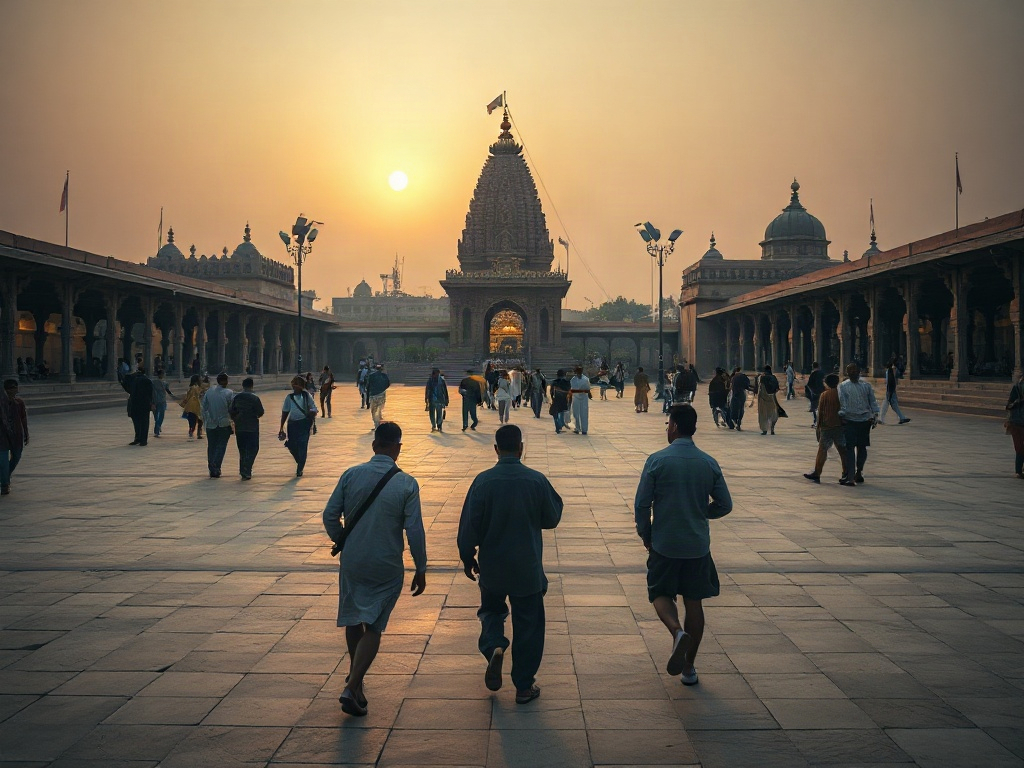 Pilgrims walking through the Kashi Vishwanath Dham corridor towards the golden spire at sunrise