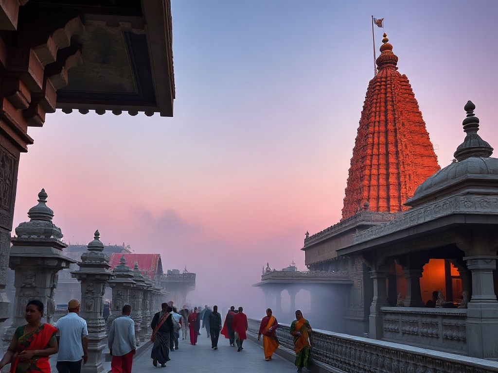 The illuminated spire of Mahakaleshwar temple at dawn with pilgrims walking through the Mahakal Lok corridor