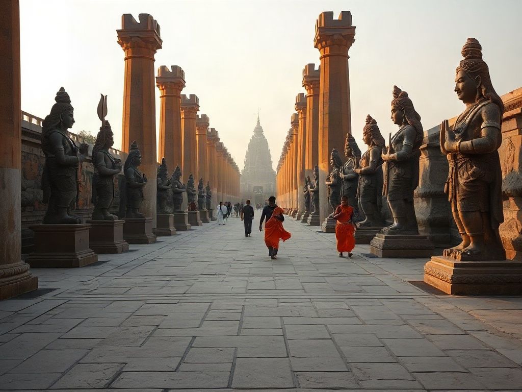 Carved stone pillars and a Shiva statue along the Mahakal Lok corridor leading to Mahakaleshwar temple