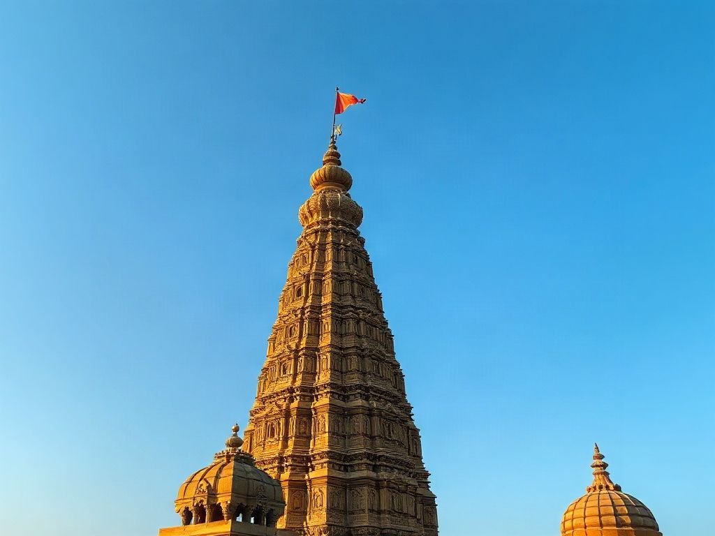 The tiered stone spire of Mahakaleshwar temple in Ujjain against a clear sky