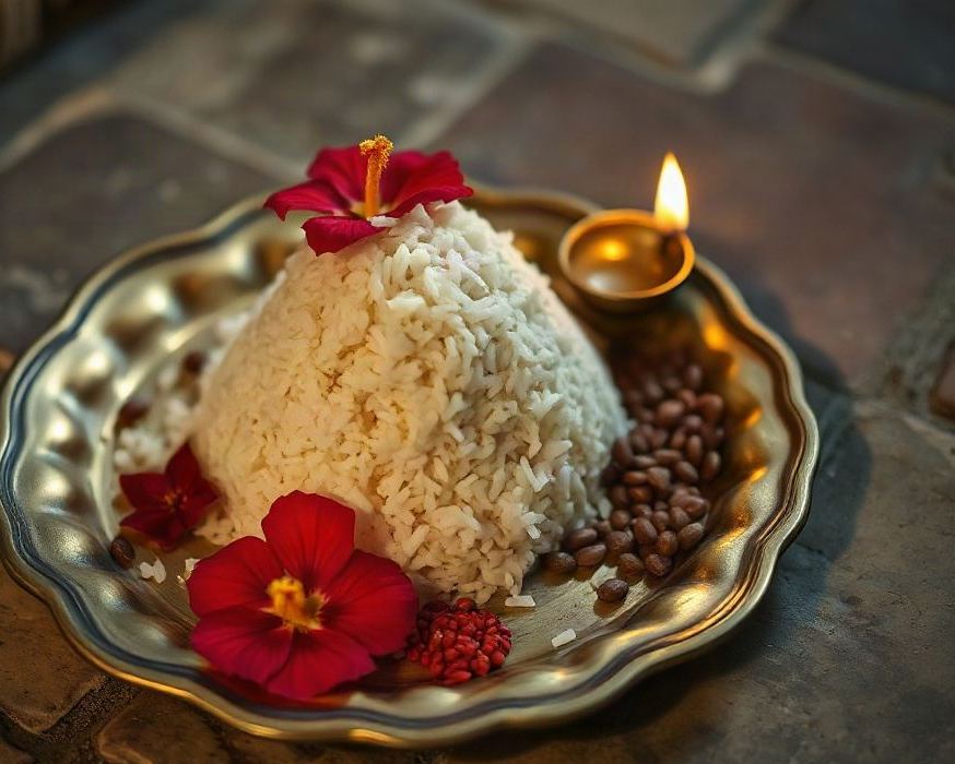 A brass plate of cooked white rice with red hibiscus flowers and a lit diya prepared as an offering in a temple