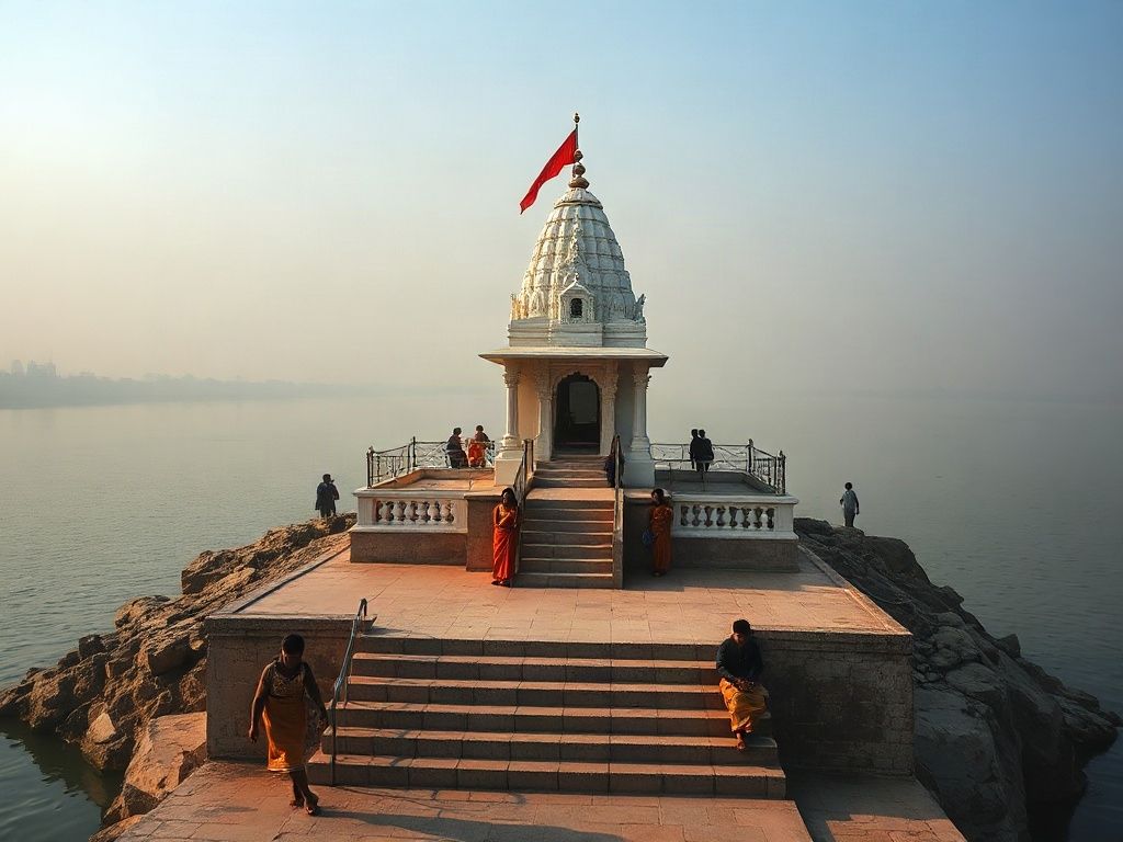 A white temple on the bank of the Shipra river in Ujjain under a wide morning sky