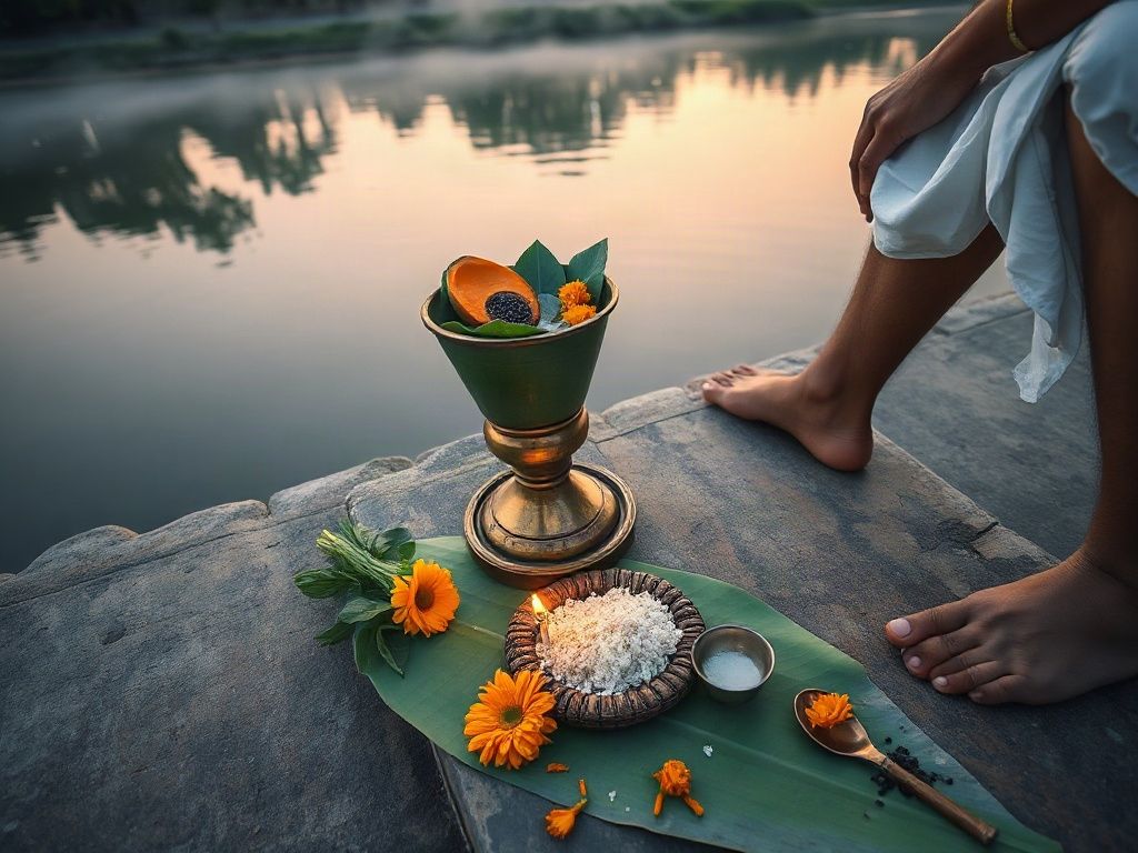 A brass kalash, a plate of rice, marigolds and a lit diya on a banana leaf beside a pandit seated on stone steps by a river at dawn