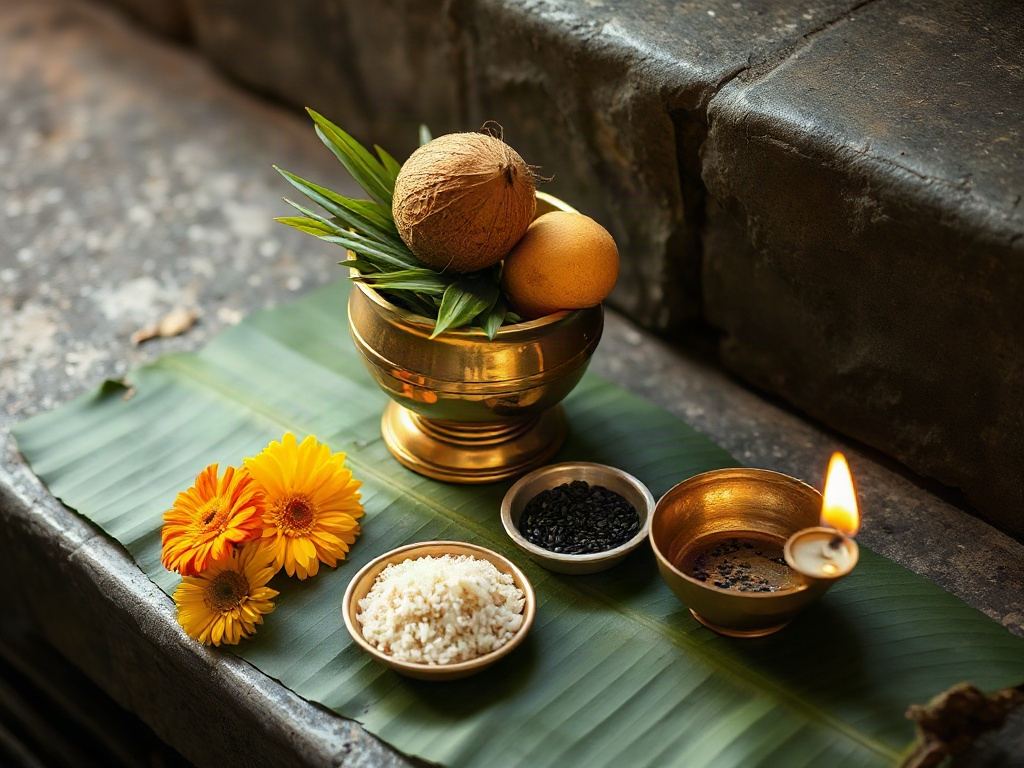 A brass kalash with mango leaves and a coconut beside flowers and a lit diya prepared for a ritual