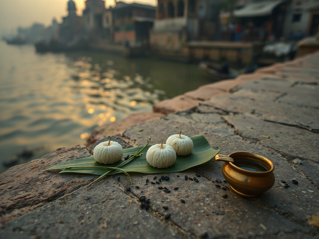 Rice pinda offerings on a leaf plate with kusha grass and black sesame on the stone steps of a Varanasi ghat beside the Ganga at dawn