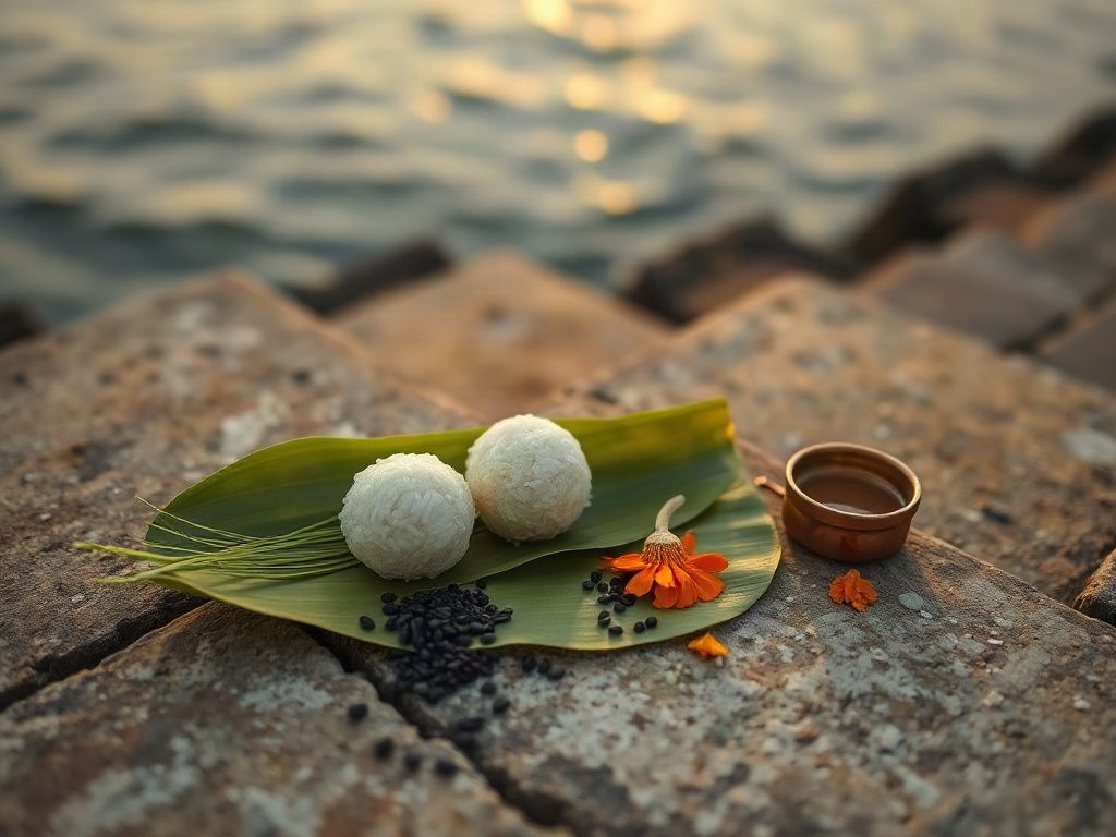 Two rice pinda offerings on a banana leaf with kusha grass, black sesame, a marigold and a copper lota on the steps of a ghat beside the Ganga