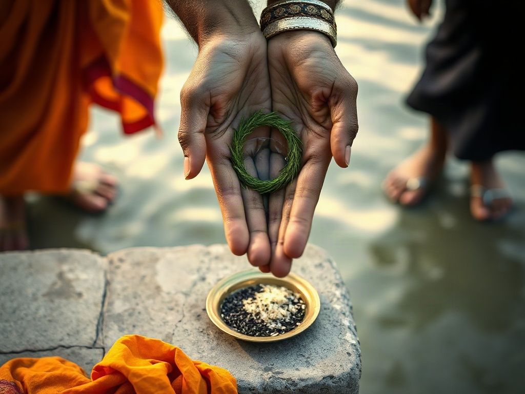 A pandit's open hands holding a ring of kusha grass for the sankalp above a small brass plate of rice and black sesame on a ghat step