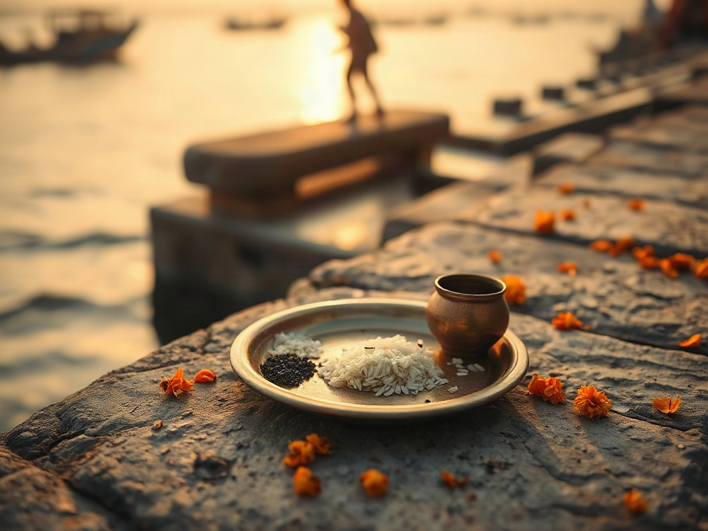 A brass plate of rice pind offerings with black sesame and kusha grass prepared for shraddh on the steps of a Varanasi ghat