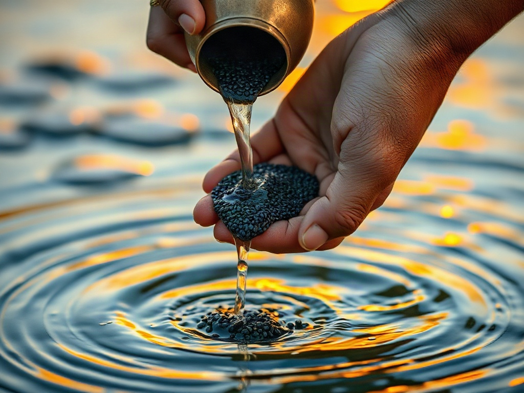 Hands pouring water with black sesame seeds from a copper vessel into the river at sunrise during tarpan