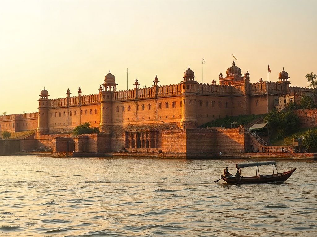 The sandstone walls and bastions of an old fort on the bank of the Ganga in warm evening light