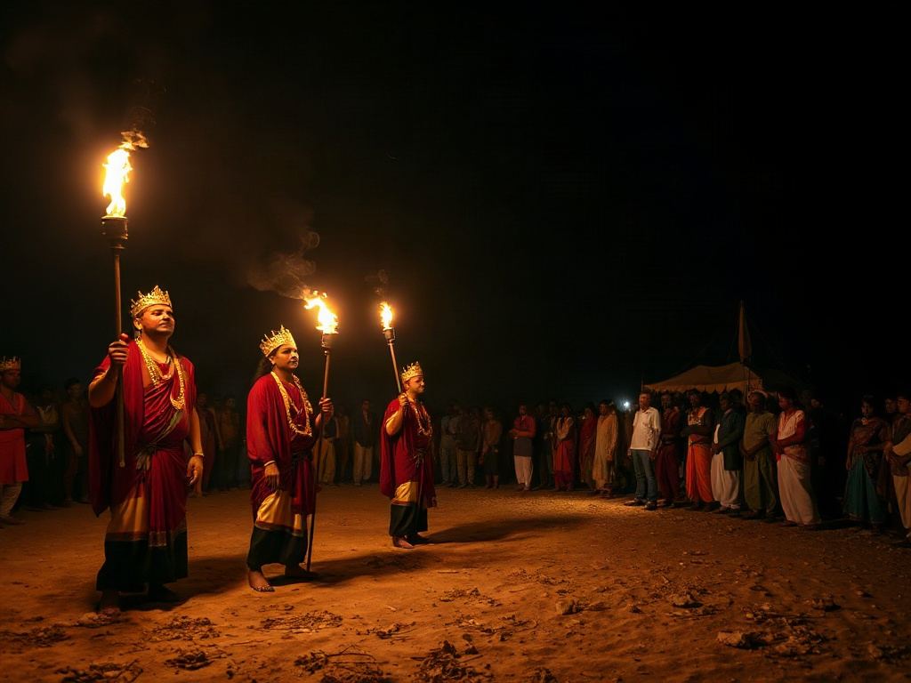 Villagers gathered in an open field at night watching crowned, costumed performers in a traditional Ramlila lit by flaming torches