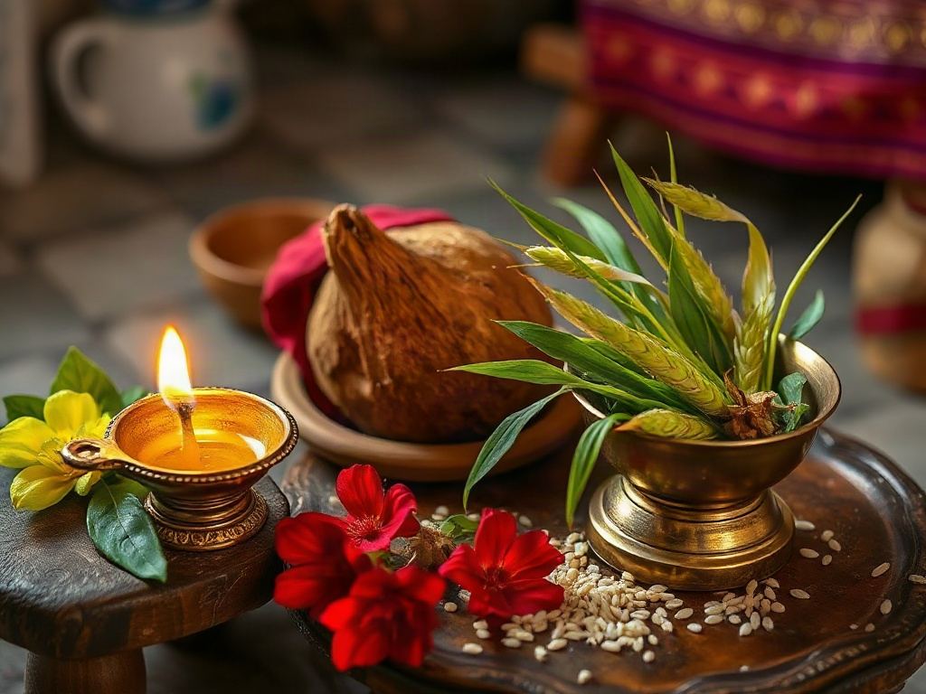 A brass vessel with fresh green sprouts, a coconut wrapped in red cloth, a lit diya, red flowers and rice set out for Ghatasthapana