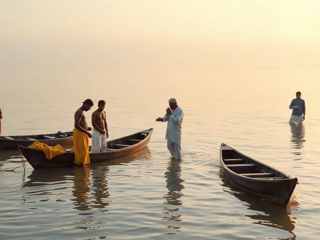 Pilgrims standing in shallow water beside wooden boats at the Triveni Sangam in soft morning light