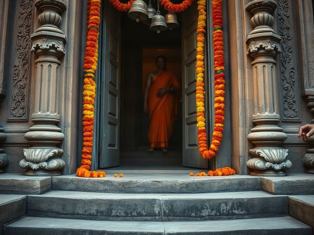 A carved stone temple doorway hung with brass bells and marigold garlands, with a devotee inside