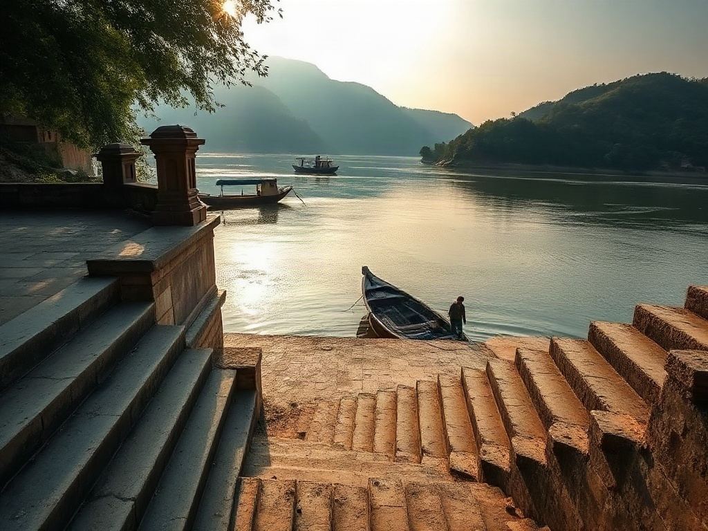Stone ghat steps leading down to the Narmada river at Omkareshwar with small boats moored at the edge