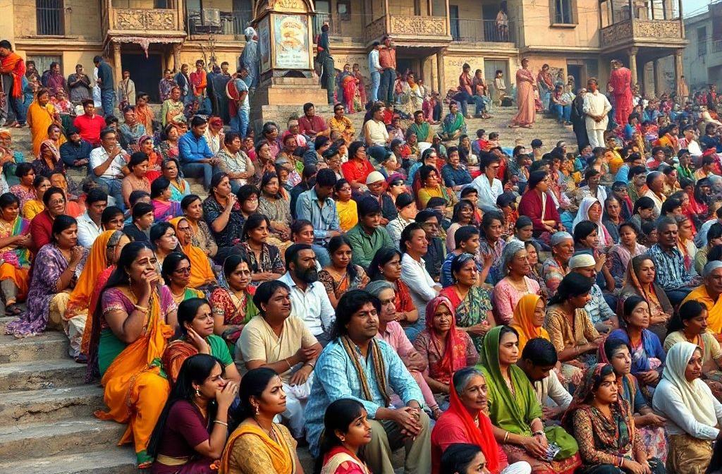 Large crowd of people seated on the stone steps of a ghat in Varanasi beside the Ganga