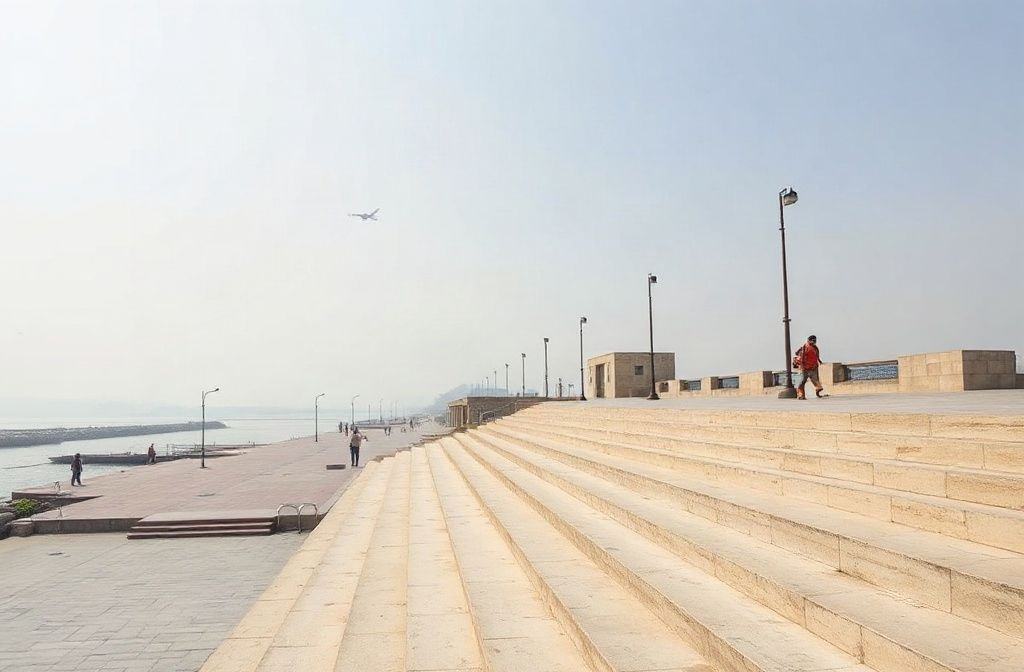 Wide stone steps of a modern riverfront ghat on the Ganga in Varanasi under a clear sky