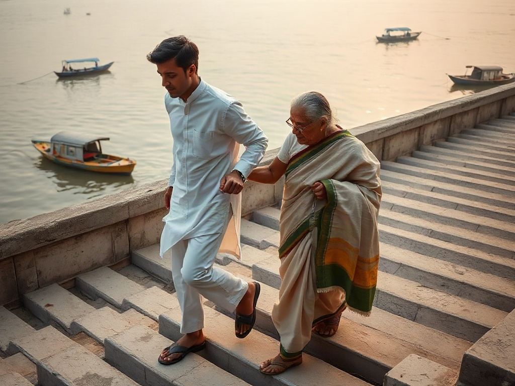 A younger companion helping an elderly woman down stone ghat steps beside the Ganga in Varanasi