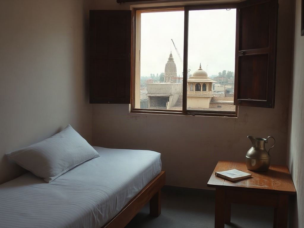 A simple clean guest-house room with a bed, a small table and a window looking out over old rooftops in Varanasi